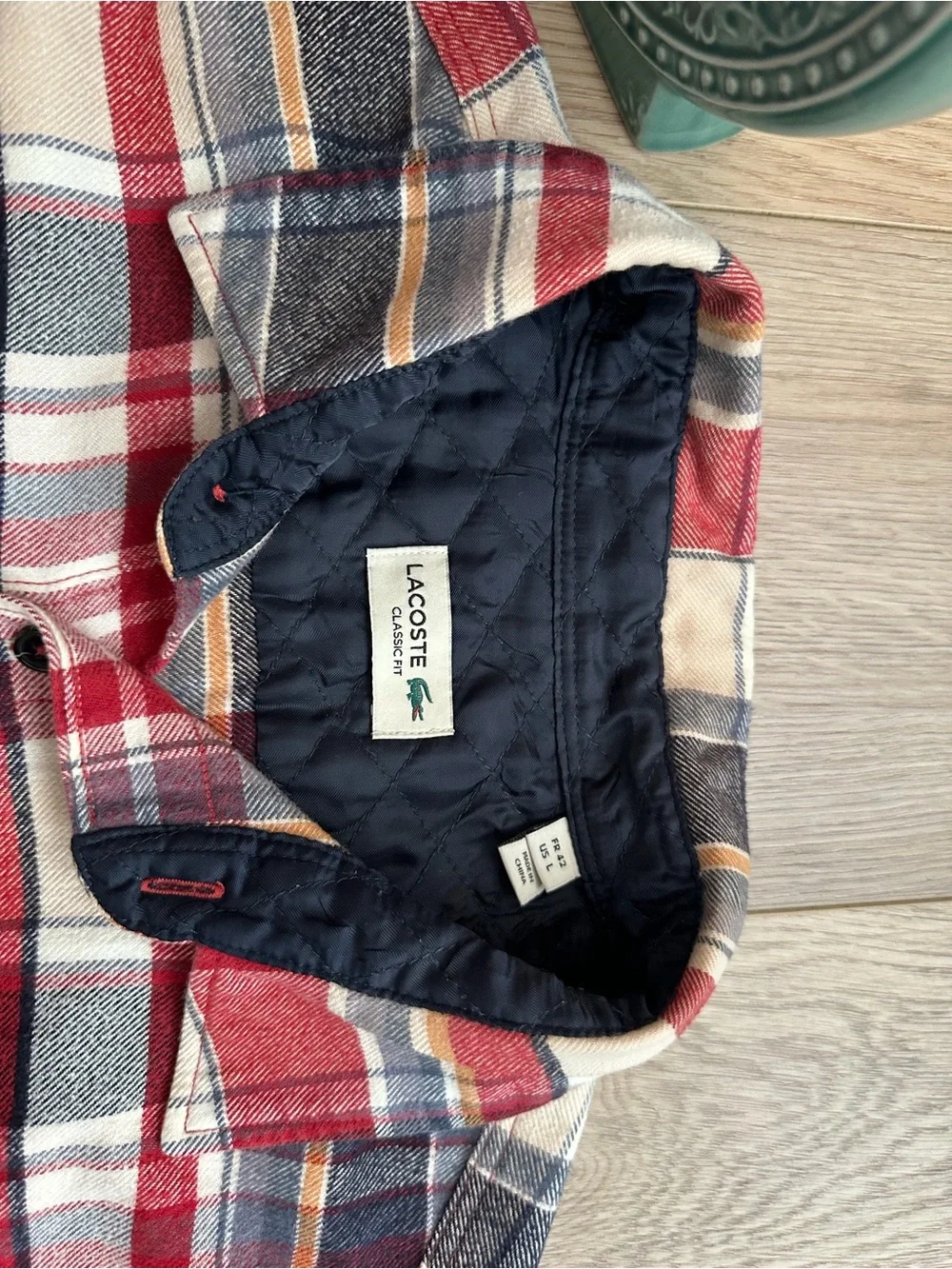 Lacoste Red Navy Plaid Button-Down Shirt classic fit Size L - Picture 7 of 10